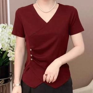 QIAOXIZI | V-Neck Slimming Short Sleeve T-Shirt for Women