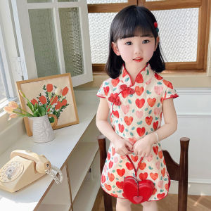 Floral Print Cheongsam Dress Thin Fashionable Princess Skirt Children Summer Clothes Cotton Fabric Short Sleeve Girls Dress