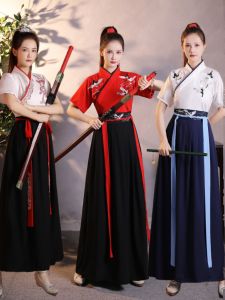 Womens Han Chinese Clothing Chinese Style Cross Collar Waist Martial Arts Style Fresh Hanfu Student Men and Women Catering Work Clothes Summer Short Sleeve