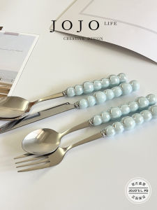 Light Blue Pearl Stainless Steel Spoon Elegant Korean Style Dining Utensils Fresh Style Pearl Spoon High Aesthetic Value