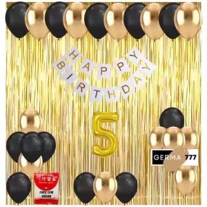 Paket Set Dekorasi Backdrop Pesta Balon Ulang Tahun Anak Banner Happy Birthday Putih Tirai Gold
