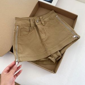Retro Popular Fashion Khaki High Waist Elegant Slim Side Zipper Denim Mini Skirt Womens Summer New Holiday Slim Hip Short Skirt