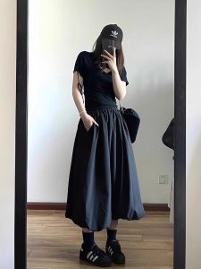 Váy Dài Nửa Người Phong Cách Ngọt Ngào Cạp Cao Che Mông Mùa Thu Đông Váy Dài Chữ a Dáng Rộng Màu Trơn Váy Công Sở