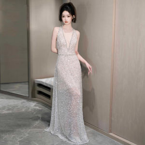 ชุดราตรีเซ็กซี่ประดับคริสตัล ชุดแต่งงาน ชุดราตรี ชุดยาว แขนกุด คอวี กระโปรงทรงเอ ชุดราตรีสุดหรูสำหรับผู้หญิง