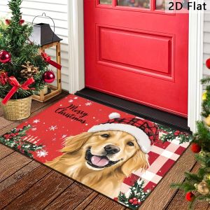 VIKAMA Christmas Cute Golden Retriever Print Floor Mat Winter Anti-Slip And Dirt-Proof Washable Bathroom Carpet Home Decor