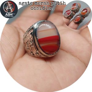 cincin agate merah putih Dim batu 18 mm / cincin batu akik murah mantap