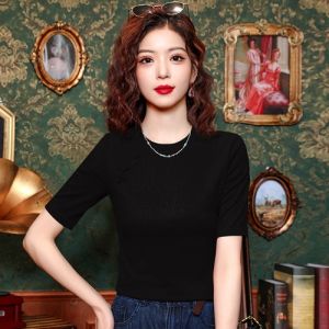 New Chinese Style Ice Silk Knitted T-shirt Womens Summer New Arrival Silm Small Shirt Chinese Style Red Short Sleeve Half Sleeve Tops Womens