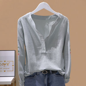 เสื้อเชิ้ตคอวีแขนยาวผ้าฝ้ายปักลายสไตล์เกาหลีสำหรับผู้หญิง ฤดูใบไม้ผลิและฤดูใบไม้ร่วง แฟชั่นฤดูใบไม้ร่วงและฤดูหนาว