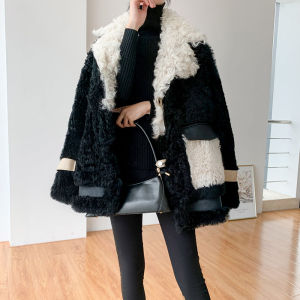 2025 Winter New Womens Long Lamb Fur Jacket Integrated Leather Coat Splicing Large Coat Commuter Style Loose Fit Cotton