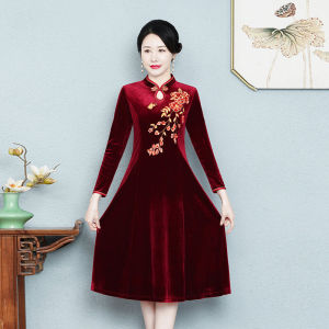 Gold Velvet Improved Cheongsam Womens Spring Autumn Style Middle-Aged Mommy Dress Elegant New Wedding Dinner Dress Gown