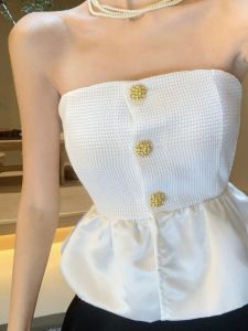 Summer Fancy Waist-Tight Elegant Gold Buckle Tube Top Ruffles Vest Tops Womens High Waist Satin Skirt Suit