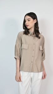 QUEENTIN Kemeja Wanita Balon 0359 Linen Polo Polos Lengan Siku 3/4