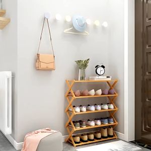 RRH Shoe Rack Organizer Cross 4/5/6 Layers Heavy Duty Stackable Foldable Bamboo Shoes Rack Storage Stand Save Space Indoors Living Room