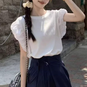 Shalldoer | Lace Splicing Hollow Out Short Sleeve T-Shirt Womens Summer Unique Bubble Sleeve Casual Style Breathable Round Neck Top