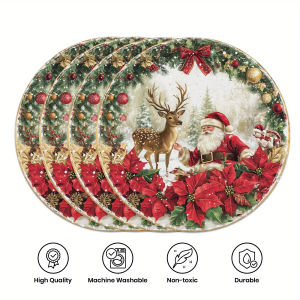 VIKAMA 4PC Christmas Red Placemats Are Waterproof And Heat Resistant Santa Claus Reindeer Pattern Round Placemats