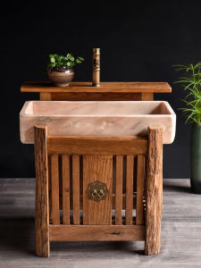 Courtyard Stone Trough Wash Basin Outdoor Stone Wash Basin Outdoor Sink Wooden Rack Cabinet Balcony Solid Wood Washbasin Cabinet