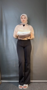 Celana Wide Leg Stretch Elastis Tinggi Poliester Full Length Gaya Casual