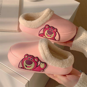 รองเท้าแตะผ้าฝ้ายกันน้ำลายเส้นเล็กสำหรับเด็กรองเท้าใส่ในบ้านลายหมีสตรอเบอร์รี่น่ารักของแท้ INS ใส่ช่วงฤดูหนาวสำหรับเด็กชายและเด็กหญิง