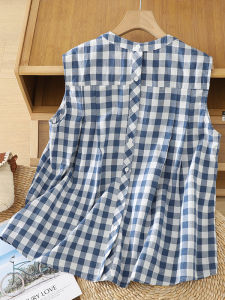 เสื้อกั๊กผ้าฝ้ายลินินสีน้ำเงินลายสก็อตสไตล์วัยรุ่นสำหรับผู้หญิงในฤดูร้อน เสื้อเชิ้ตแขนกุดบางๆ ลำลอง สวมใส่สบาย ทรงหลวม ปกติ