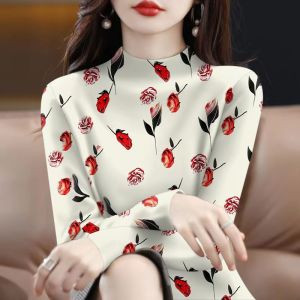 Áo Thun Nữ Tay Dài in Họa Tiết Thời Trang Thu Đông Thường Ngày Cổ Cao in Họa Tiết Che Bụng Mặc Trong Ngoài