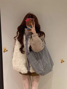 Korean Design Sense Pearl White Patchwork Blue Grid Lamb Fur Vest Womens Autumn Winter New Style Layered Sleeveless Vest