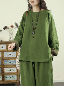 QIANQIUFEIYAN | Áo Sơ Mi Linen Thoáng Khí Dài Tay Form Rộng Cổ Tròn