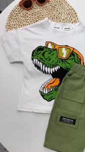bambeau Baby Boy Set Childrens Wear Pure Cotton Fashion Dinosaur Print Short Sleeve 2-Piece Comfortable Childrens Wear
