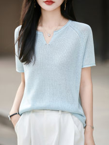 DONGYINUAN | Lyrca Silk Blend French V-Neck Casual T-Shirt