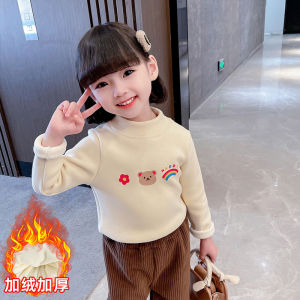 Thickened Double-sided Velvet Fleece Lined Long Sleeve Cartoon Print Top for Girls Base Shirt Autumn Winter Childrens Fashion