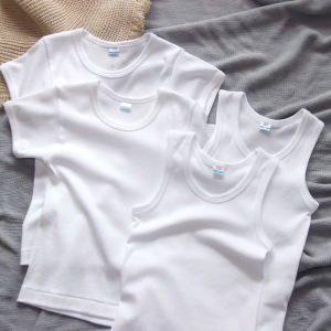 Pure Cotton Short Sleeve T-Shirt Vest Thin Material Spring Summer Base Layer Male Children White Full Cotton Seamless Side
