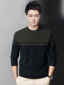 ROMON | Romon Mens Knitted Sweater Round Neck Thickened Warm Pure Wool Slim Fit Winter Fashion City Casual Long Sleeve Knitwear