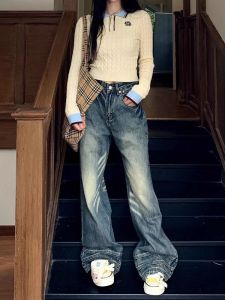 American High Street Design Cat Flare Denim Jeans Womens Spring Autumn Spicy Girl Retro High Waist Loose Wide Leg Long Pants