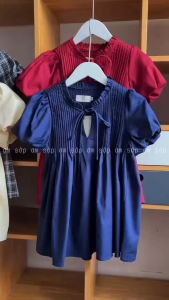Áo babydoll linen xếp ly cổ tròn viền bèo cột nơ tay ngắn bồng màu xanh navy dễ thương trắng da DAE TOP