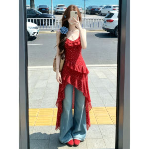 PEIZIXUAN | Đầm Hè Dây Đeo Hoa Đỏ Lạ