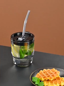450ML Double Wall Glass Mug Clear Mug With Straw Glass Straw Cup Coffee Mug With Lid Water Tumbler