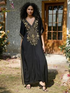 Gold Embroidery Long Kaftan Dresses V Neck Caftan Dress Beach Cover Ups for Women Embroidery