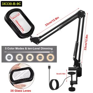NEWACALOX 3X Rectangle Magnifying Glass with Light/Real Glass/5 Color Modes Stepless Dimmable Desk Lamp with Swing Arm for Readi