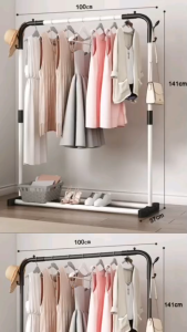 ราวตากผ้าราวเดี่ยว พร้อมที่แขวนหมวก แขวนกระเป๋า มี่ 2 สี ขนาด 100x37x141  แข็งแรงทนทาน มีที่วางรองเท้า