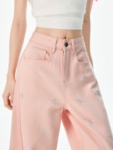 QIAOMIDUO | Summer Thin Colorful Rhinestone Wide Leg Jeans Womens Pink Pants Luxury Street Style High Waist Knife Edge Loose Fit Jeans