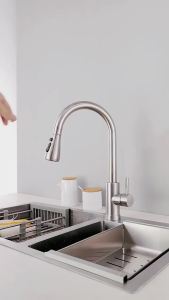 DOREEN Pull-Out Water Tap Faucet Single Handle Stainless Steel Matte Kitchen Faucet Hot and Cold Water Mixer Black Sprayer Pullable Double Outlet Faucet RV