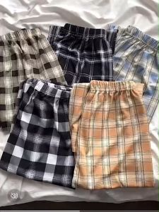 กางเกงลายสก็อต สไตล์เกาหลี เอวสูง ขาทรงกระบอก ใส่สบาย ผ้านิ่มมาก