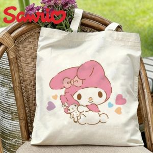 Sanrio | 1PC My Melody Hugging Plush with Hearts Canvas Tote Eco-friendly Reusable Shoulder Bag
