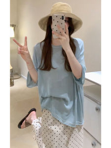 YUEZHONGWEI | Loose Fit Ice Silk Knitted Short Sleeve T-Shirt Blue Round Neck Half Sleeve Summer Design Sense Womens Top Comfortable Breathable