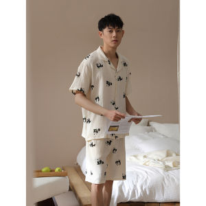 me home wear | Summer Men Cotton Short Sleeve Shorts Cartoon Pyjama Set