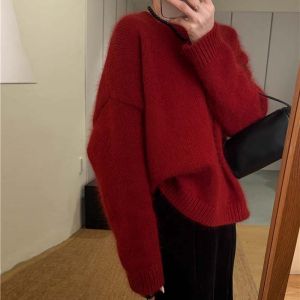 Loose Fit Christmas Red Bear Velvet Knitted Sweater round Neck Base Layer Soft Polyester Fiber Long Sleeve Daily Wear