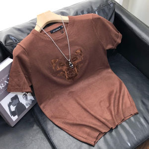 เสื้อสเวตเตอร์ถักแขนสั้นทรงสลิมฟิตสำหรับผู้ชาย สีแดง ลายเสือ แฟชั่นฤดูใบไม้ผลิและฤดูใบไม้ร่วง เสื้อชั้นในสเวตเตอร์ถักแบบสวมศีรษะ