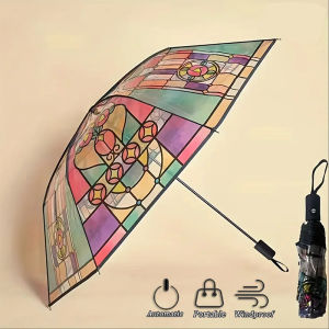 Church Retro Transparent Large Umbrella Stained Glass Transparent Umbrella Automatic Romantic Sunny Dual Use Of Rain And Light