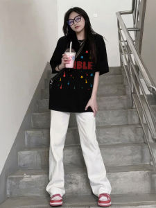 Áo Thun Tay Ngắn Cotton Màu Đen Mùa Hè Cho Nữ Dáng Rộng Cổ Tròn in Họa Tiết Thời Trang Thường Ngày