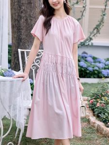 WANGGONGZHU | Summer Thin Regular Womens Dress Irregular Pleats Silk Cotton Mid-Length A-Line Skirt Elegant Commute Style Short Sleeve