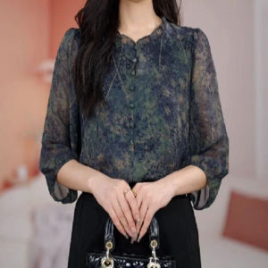 เสื้อเชิ้ตผู้หญิงคอโปโลแขนสั้นพิมพ์ลายฤดูร้อน 2024 เสื้อเชิ้ตผ้าชีฟองบางพิมพ์ลายแฟชั่นสำหรับผู้หญิง